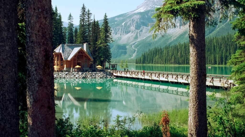 Calm Emerald Lake with mountains in Yoho National Park